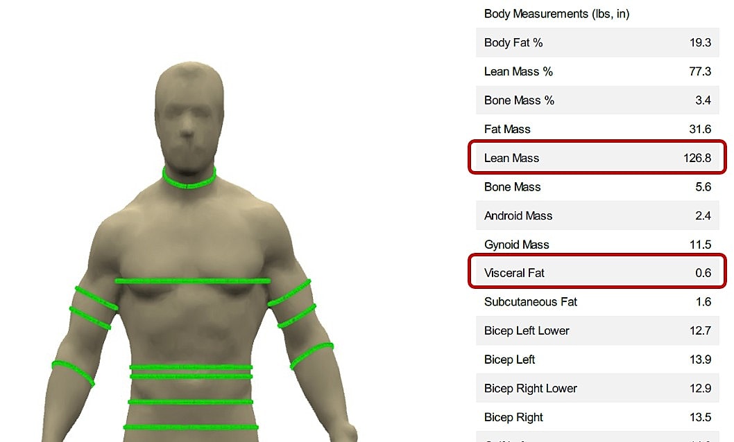 Body composition analysis with measurements displayed.