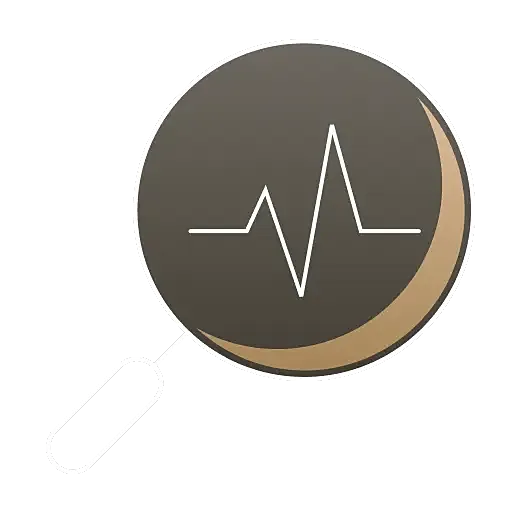 Magnifying glass over heartbeat graph icon.