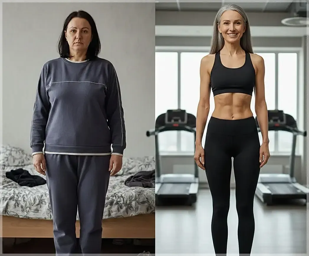 Before and after fitness transformation photo.