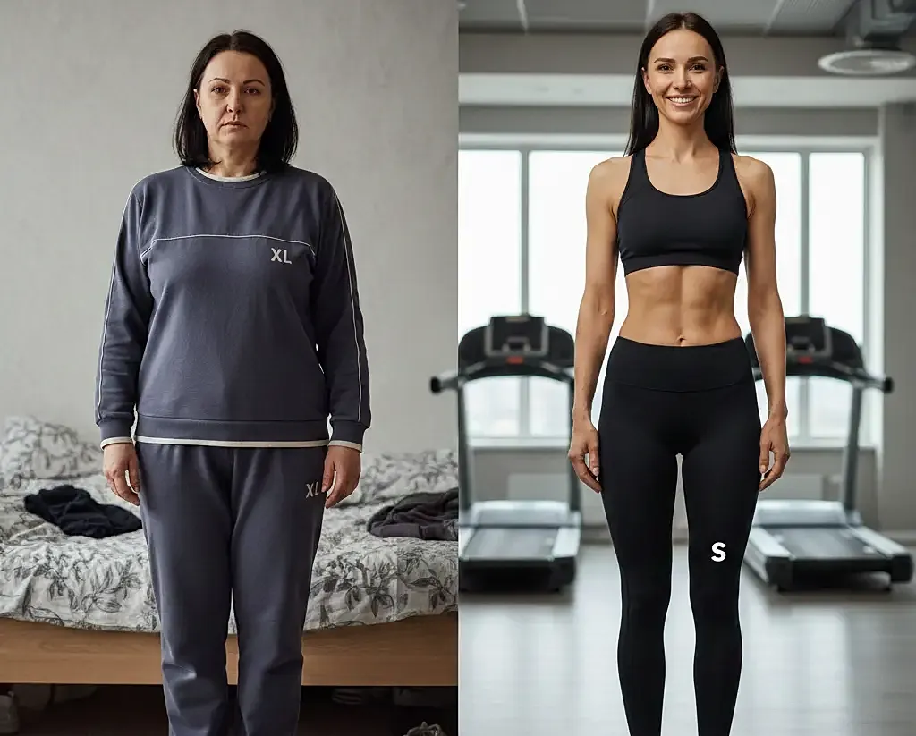 Before and after fitness transformation photo.