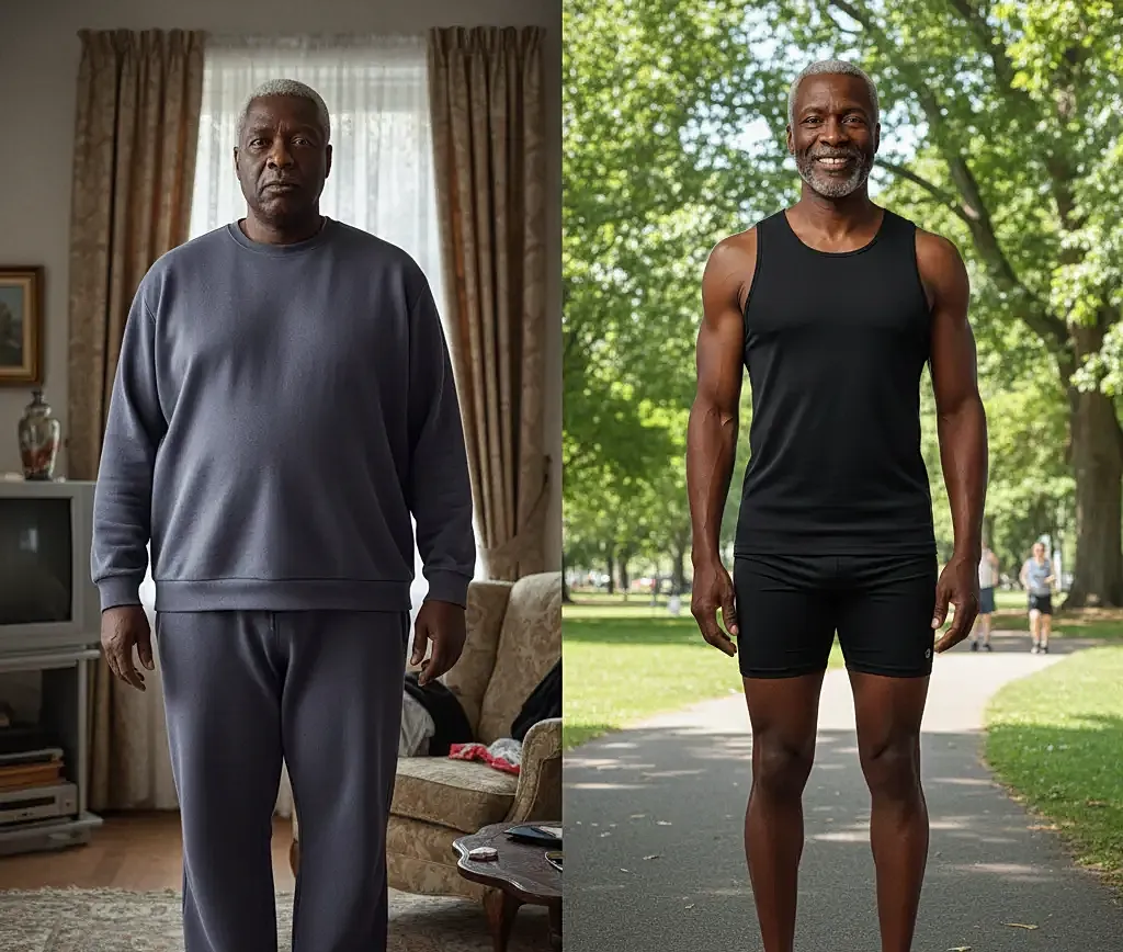 Before and after fitness transformation side by side.