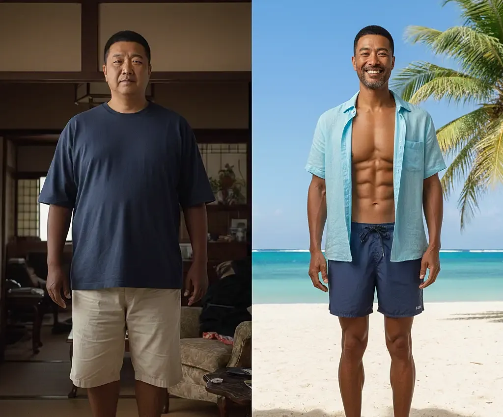 Before and after transformation photo of man.